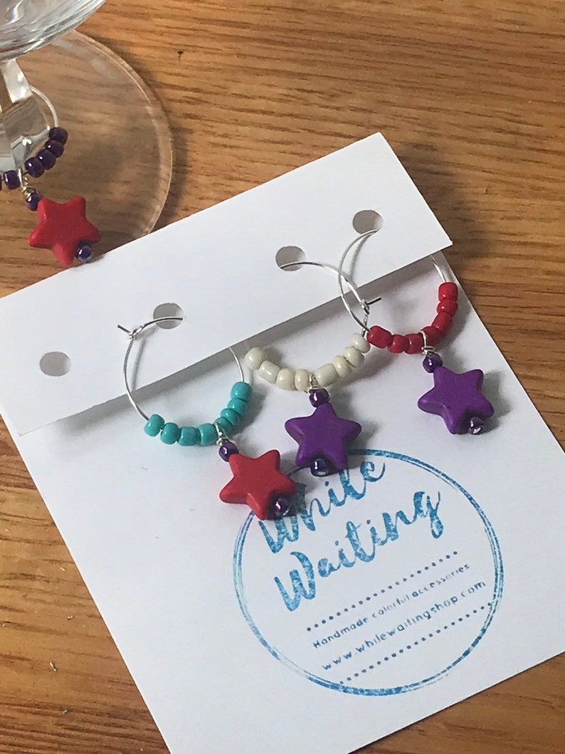 turquoise Star Wine glass charms purple and red set of 4