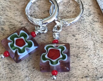 Sterling Silver Hoop Earrings: Small Purple Glass Geometric Design