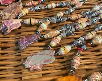 Purple/orange Rock statement beaded necklace- paperbead necklace / pendant statement necklace amethyst/ jasper necklace