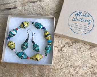 Green / yellow paper bead bracelet and earrings set/ handmade bracelet set/ eco- friendly gift set