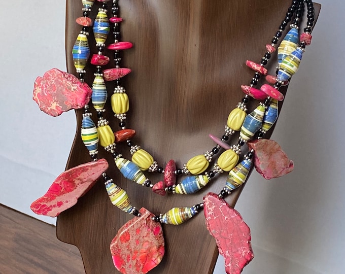 Red/ blue / yellow paper bead multi strand necklace/ eco friendly jewelry / beaded necklace/ bright statement necklace chunky tribal stone