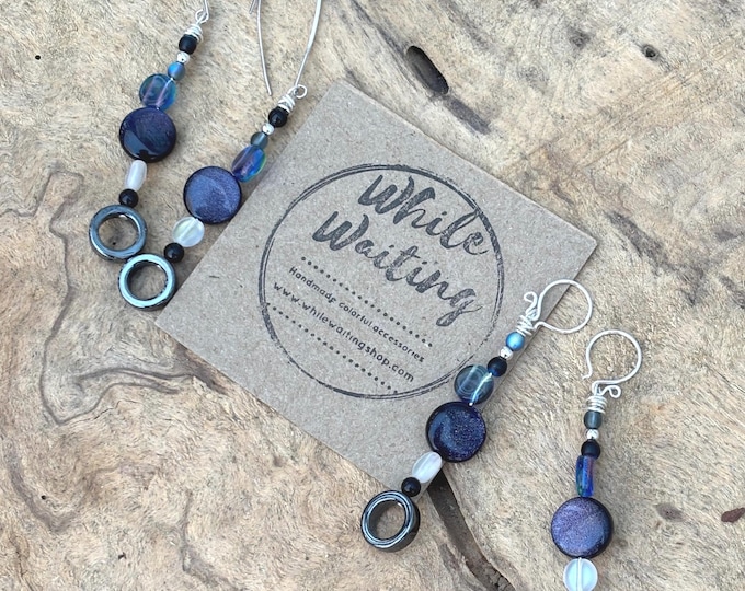 Blue goldstone and hematite modern geometric sterling silver threader earrings/ extra long