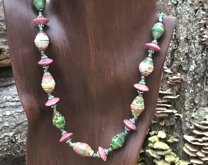 Kelly green/ pink Rock statement necklace- paperbead necklace / pendant statement necklace