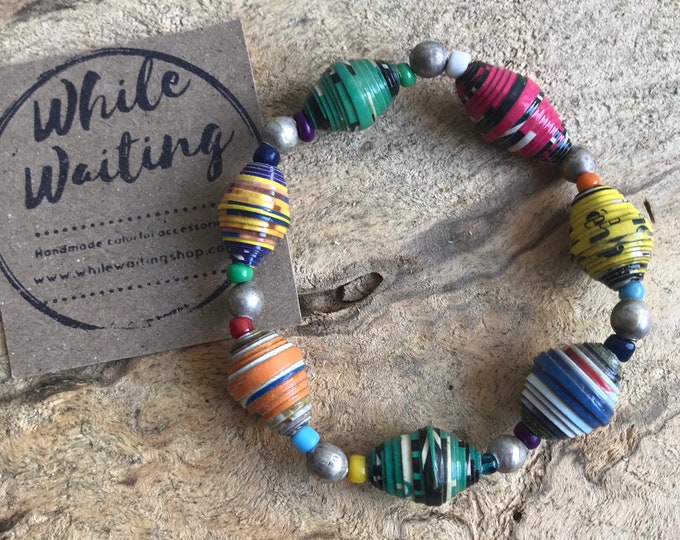 Paper bead Bracelet- vintage silver & Haitian paperbead ecofriendly/ multicolored / stretch bracelet