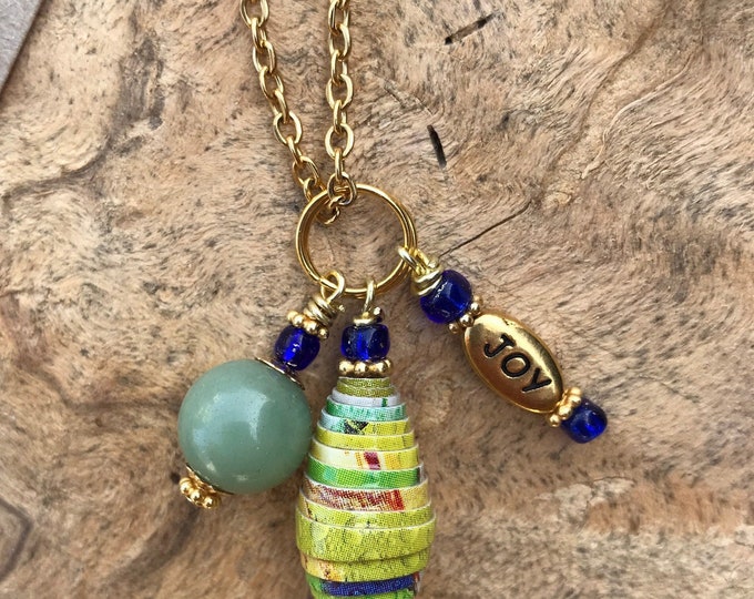 Jade, gold and paper charm cluster necklace/ pendant necklace/paperbead/ gold/ eco friendly / faith hope joy love peace