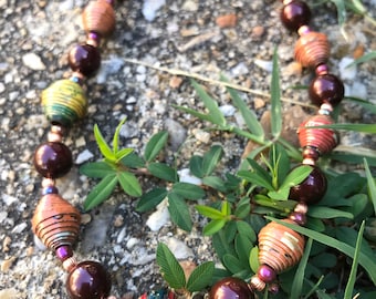 Maroon and rich multi colored necklace/ paper and pearl necklace/ paperbead necklace/ beaded necklace