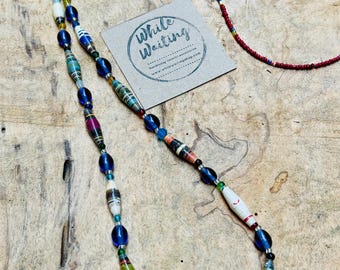 Extra long Boho multicolored paper bead necklace