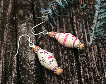 Handmade Haitian Paper Bead Earrings: Sterling Silver & Reclaimed Wood
