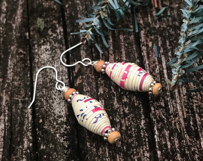 White paperbead Earrings-silver & wood earrings - white Haitian paper bead earrings - boho earrings