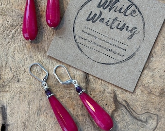 Long Hot Pink Jade and silver earrings