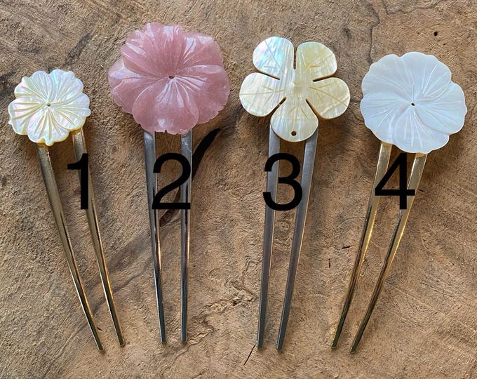 Mother of pearl hair fork/ large flower hair fork/bridal hair fork/hair accessory / carved stone flower hair fork/ hair stick/ hair pin