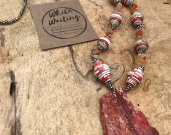 Earthy Jasper Stone Pendant Necklace: Handmade Paperbead & Gemstone Chip Accent