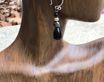 Onyx and Hematite Earrings: Sterling Silver Accents, Geometric Drop