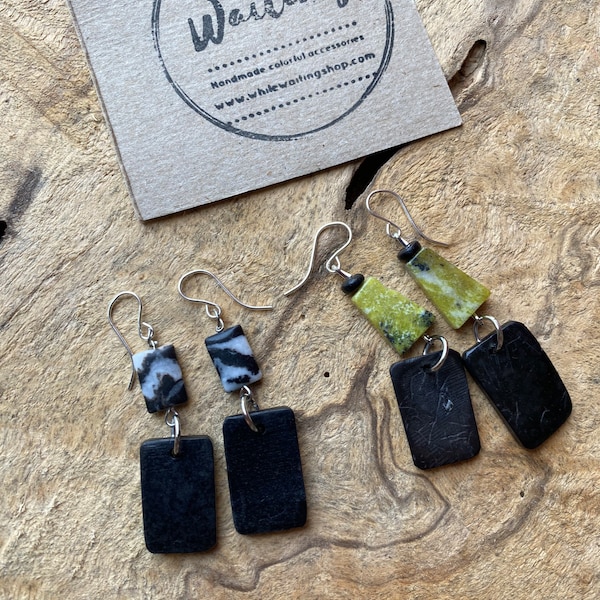 Stone/ magnetite/ black recycled wood earrings / bohemian wood earrings / statement earrings