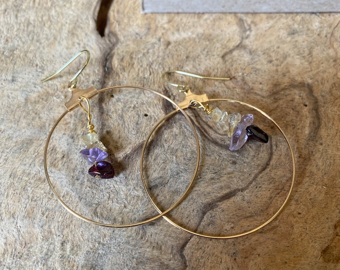 Gold hoop earrings / garnet amethyst citrine stone earrings / dangle hoop earrings / geometric minimalist druzy statement earrings