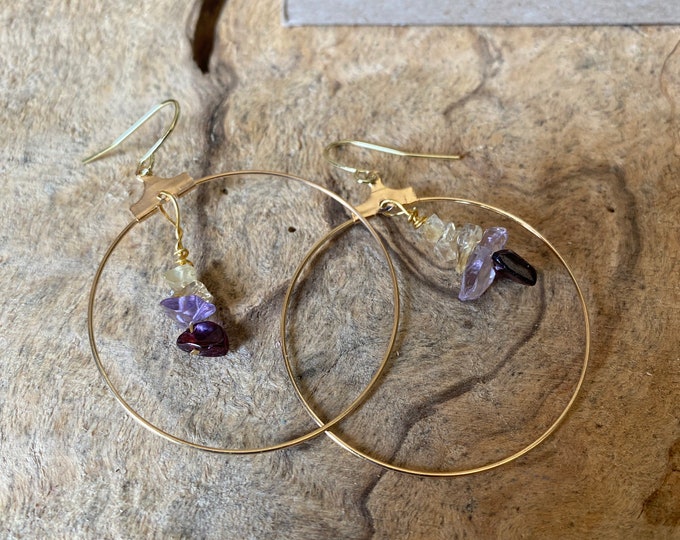 Gold hoop earrings / garnet amethyst citrine stone earrings / dangle hoop earrings / geometric minimalist druzy statement earrings