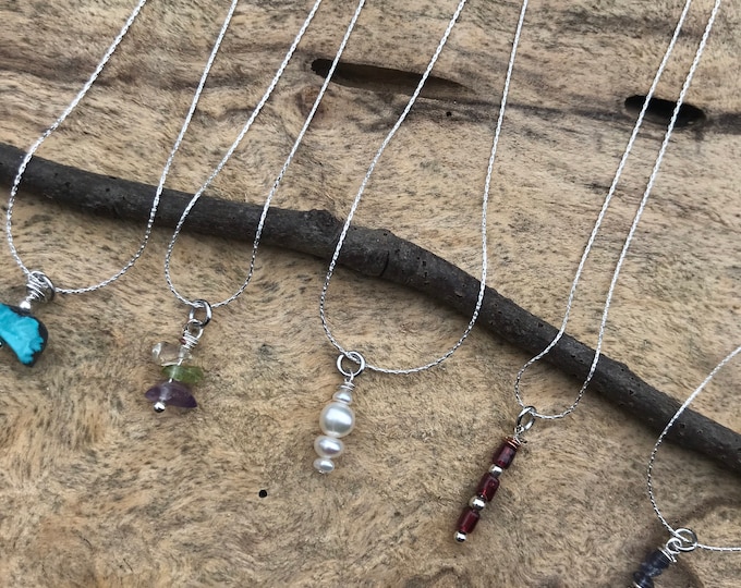 Minimalist sterling silver pendant necklace/ Iolite / turquoise / garnet / pearl/ amethyst/ peridot/ citrine