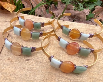 Boho brass cuff bracelet/ jade / carnelian /amazonite stone / adjustable bangle