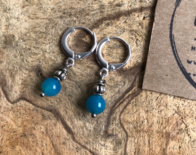 Small turquoise glass hoop earrings / silver hoop earrings / blue glass earrings