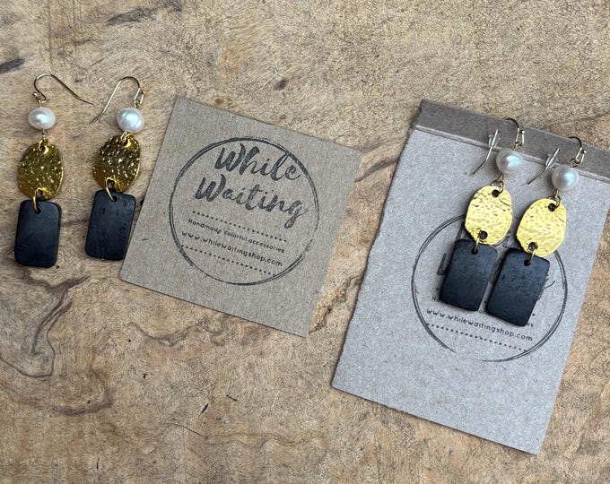 Freshwater Pearl, Gold and Recycled Wood Earrings: Bohemian Jewelry