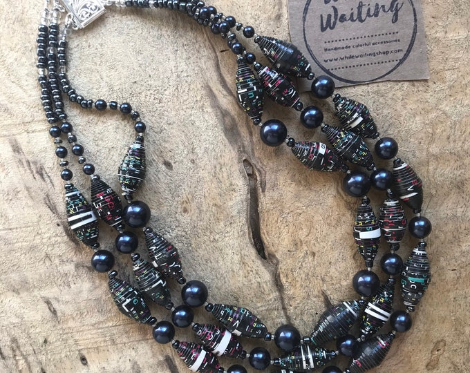Paper and pearl multi strand necklace/ black navy blue/ silver tone Pearl statement necklace/ ecofriendly statement beaded necklace