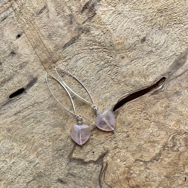 Heart rose quartz threader earrings/ Rose quartz sterling silver earrings / heart rose quartz earrings/ silver statement earrings