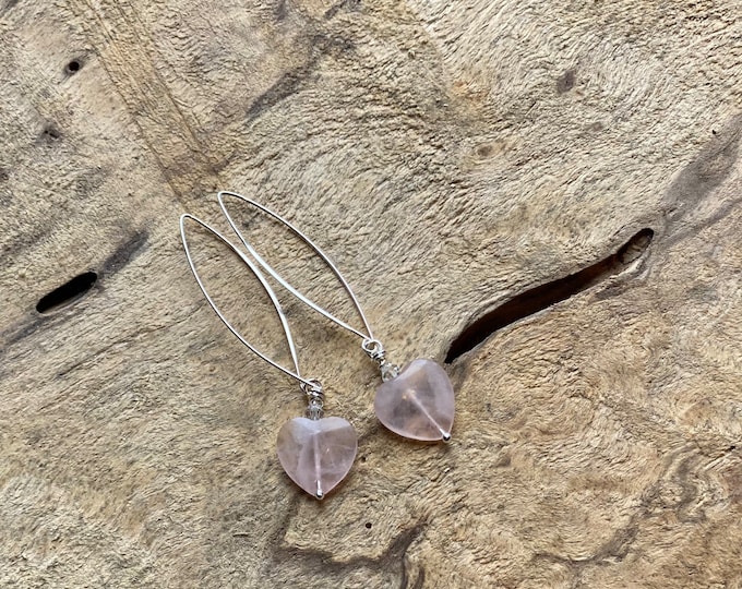 Heart rose quartz threader earrings/ Rose quartz sterling silver earrings / heart rose quartz earrings/ silver statement earrings