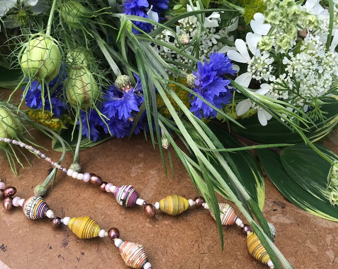 Brown pearl and paper beaded necklace- haitian paper and glass/ earthy tone- natural accessories