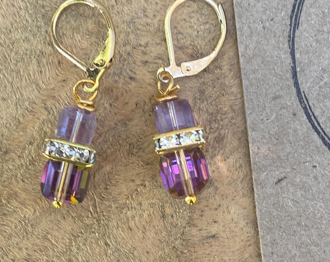 Purple Glass Cube Earrings: Gold Plated Lever Back Statement Earrings