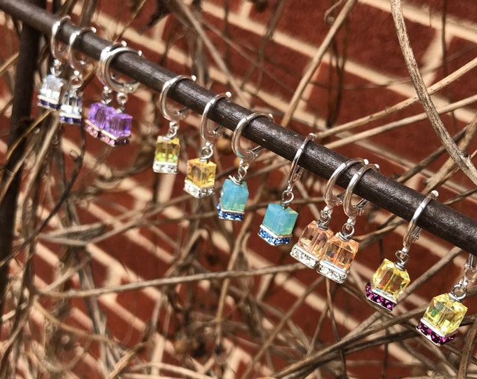 Square pastel hoop iridescent earrings/ small sterling silver earrings/ Czech glass bead/ minimalistic earrings