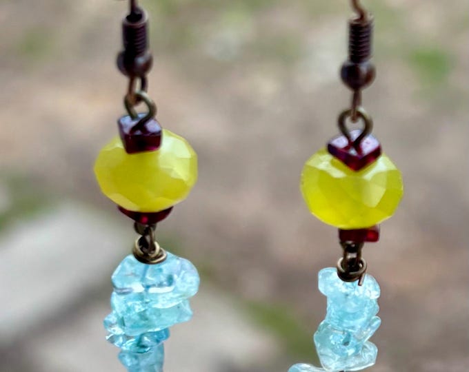 Yellow Fluorite, Aquamarine and Garnet dangle Earrings