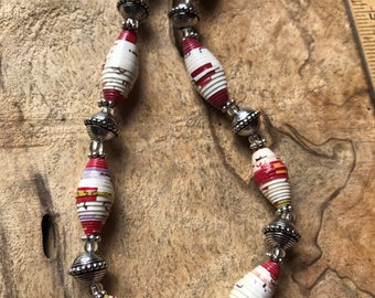 Silver white & red paperbead statement necklace /western turquoise necklace / paper beaded necklace / boho chic ecofriendly
