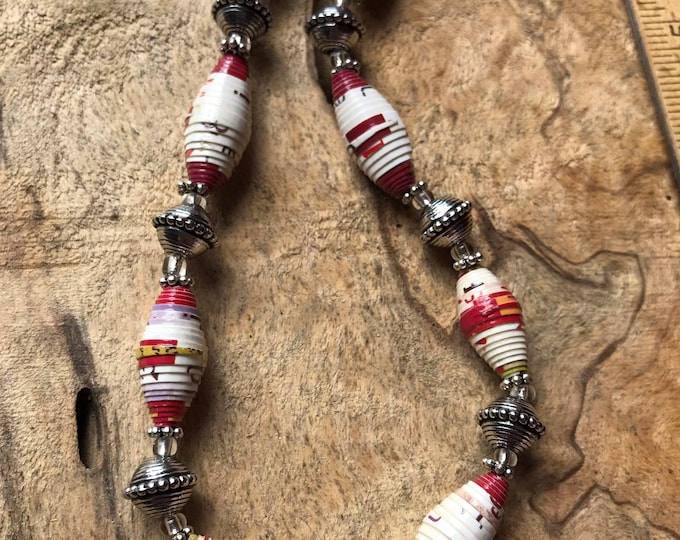 Silver white & red paperbead statement necklace /western turquoise necklace / paper beaded necklace / boho chic ecofriendly