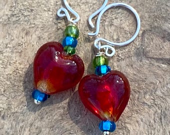 Red & Blue Glass Beaded Earrings: Sterling Silver French Hooks