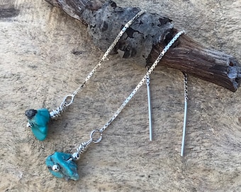Raw Turquoise Sterling Silver Threader Earrings: Minimalist Dangle Jewelry