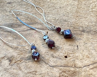 Modern Garnet threader sterling silver earrings/ birthstone set