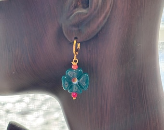 Green flower Glass Earrings: Gold Plated Lever Back Statement Earrings