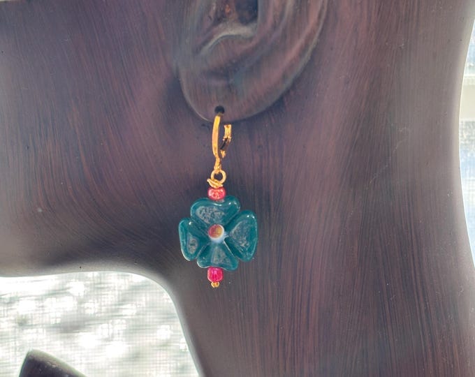 Green flower Glass Earrings: Gold Plated Lever Back Statement Earrings