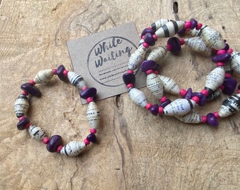 Purple /hot pink Paperbead stretch bracelet- multicolored/ recycled/ Haitian paperbeads/ boho black and white