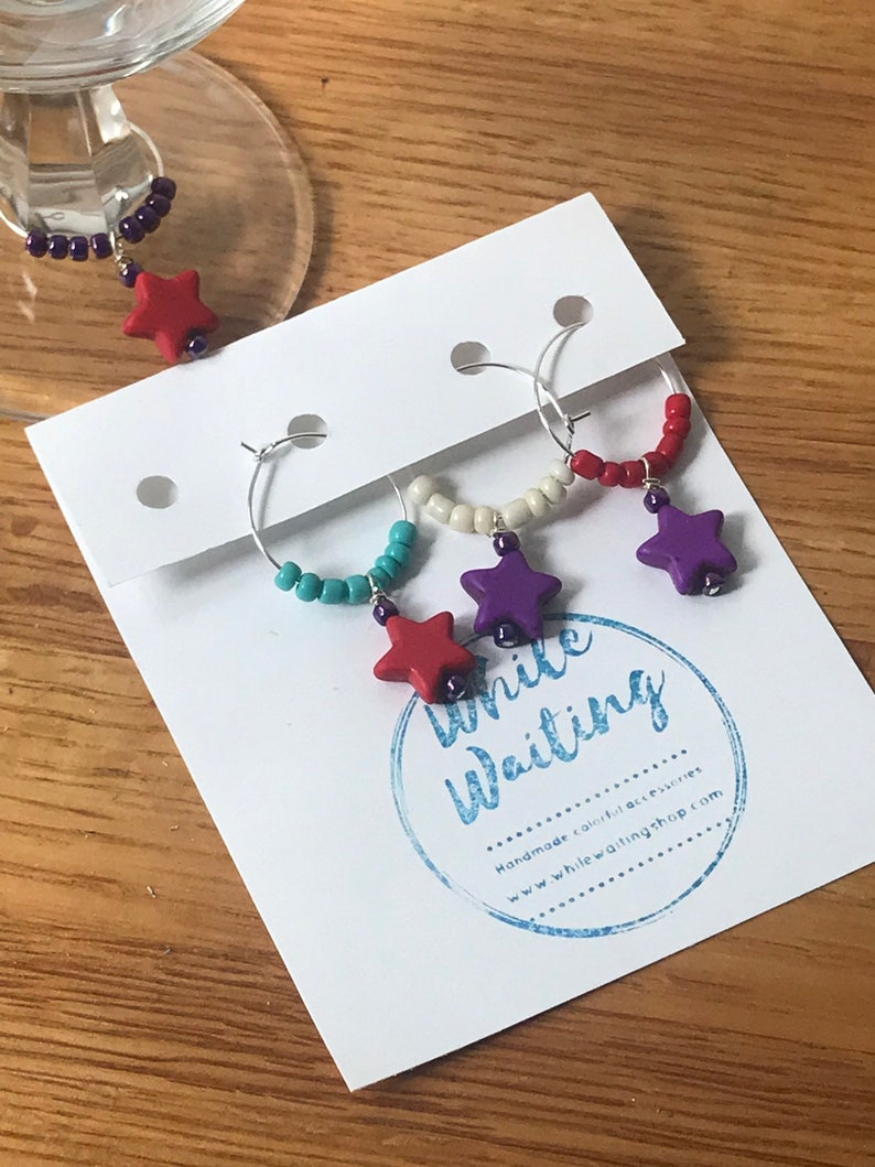 turquoise Star Wine glass charms purple and red set of 4