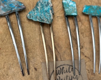 Turquoise Stone hair fork/ green blue fork / druzy hair fork/ western hair accessory / raw stone hair fork/ boho hair pin/ hair stick