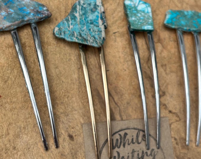 Turquoise Stone hair fork/ green blue fork / druzy hair fork/ western hair accessory / raw stone hair fork/ boho hair pin/ hair stick