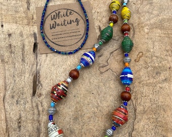 Wood & paper necklace / Boho/ western  silver and paperbead necklace/ blue/ multicolored beaded necklace