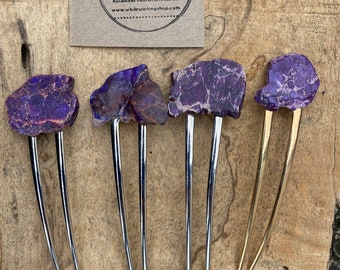 Purple Violet mauve Stone hair fork/ purple hair fork / druzy hair fork/ hair accessory / raw stone hair fork/ boho hair pin/ hair stick