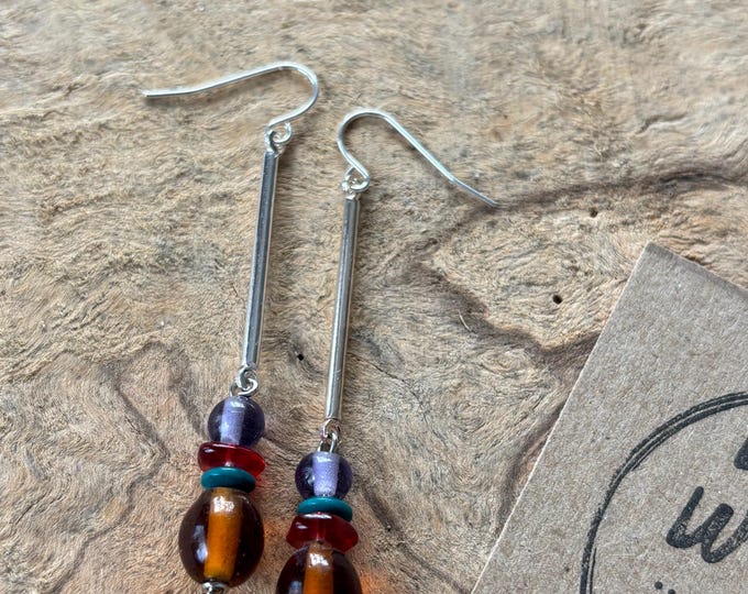 Brown,red, purple and teal Glass Beaded Earrings: Sterling Silver French Hooks