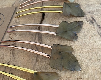 Natural stone hair fork/ large Leaf hair fork/bridal hair fork/hair accessory / carved stone foliage hair fork/ hair stick/ hair pin