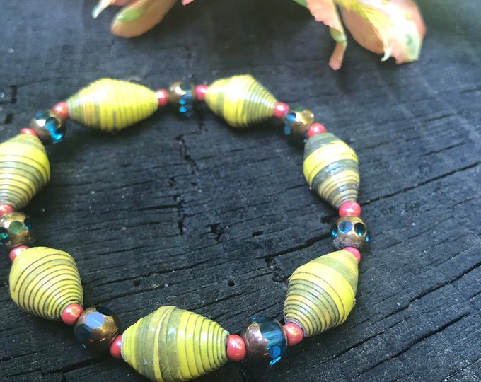 Yellow / blue Paperbead stretch bracelet- multicolored/ recycled/ Haitian paperbeads/ boho yellow, blue and coral pink