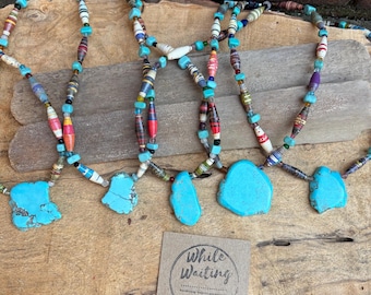 Turquoise Stone Statement Necklace: Handmade Paperbead and howlite Pendant