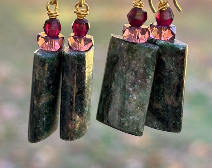 Ruby Green Zoisite Dangle Earrings:gold, amethyst and garnet