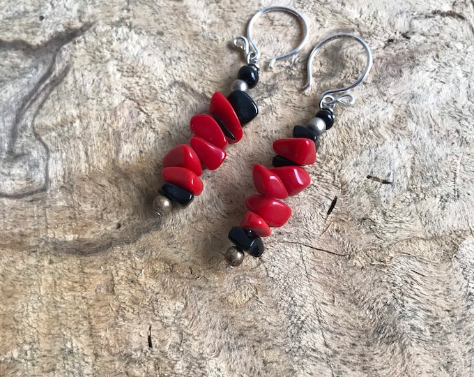Vintage red coral & silver dangle earrings/ sterling silver stack earrings/ red stone earrings